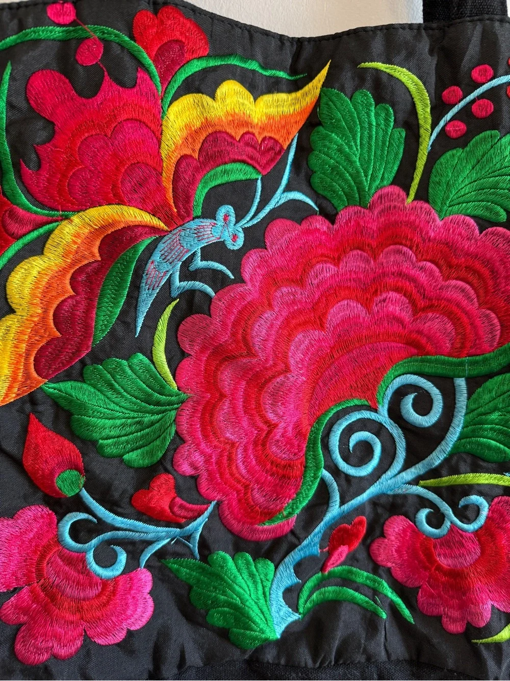 Artsy Embroidered Black Tote Bag with Pink & Green Floral Design O/S